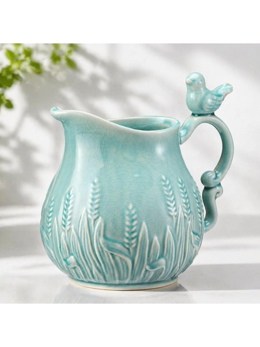 Vintage Blue Ceramic Vase with Bird Handle | Farmhouse Home Decor Accent